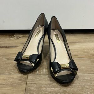 Louise et Cie Black and Gold Peep-Toe Heels